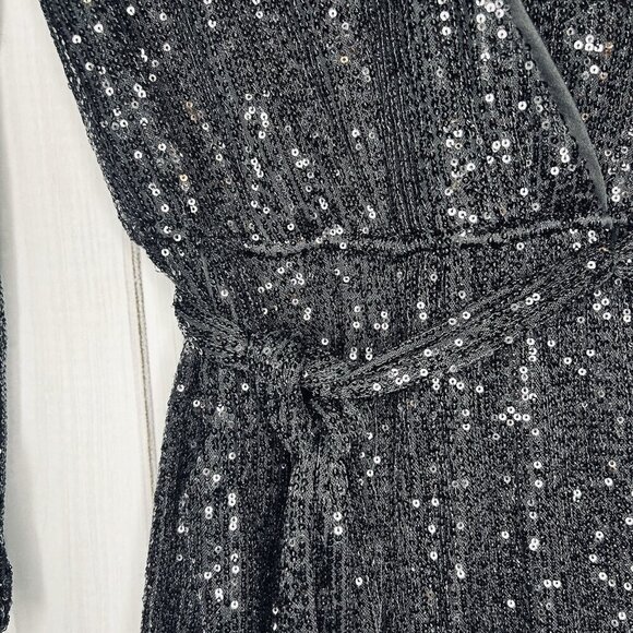 Midnight Doll Black Full Sequin Shorts Romper Tie Waist Sz XS Long Sleeve - Picture 4 of 8